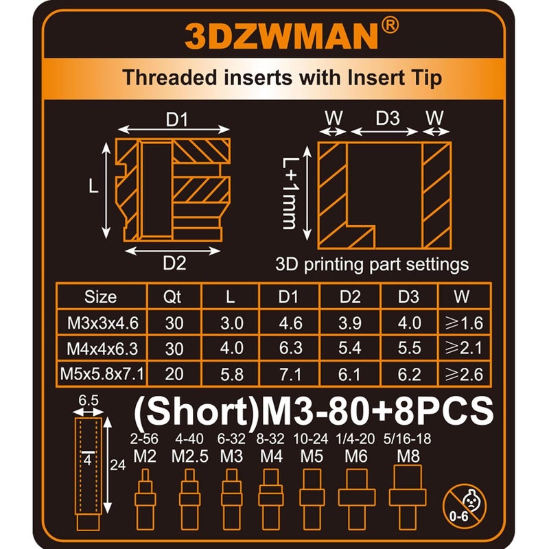 3DZWMAN M3 M4 M5 Threaded Inserts with M2-M8 Heat Set Insert Tools,Brass Metric Knurled Nuts for 3D Printing Components and Plastic Parts(M3x3x4.6-30PCS M4x4x6.3-30PCS M5x5.8x7.1-20PCS) - Image 3